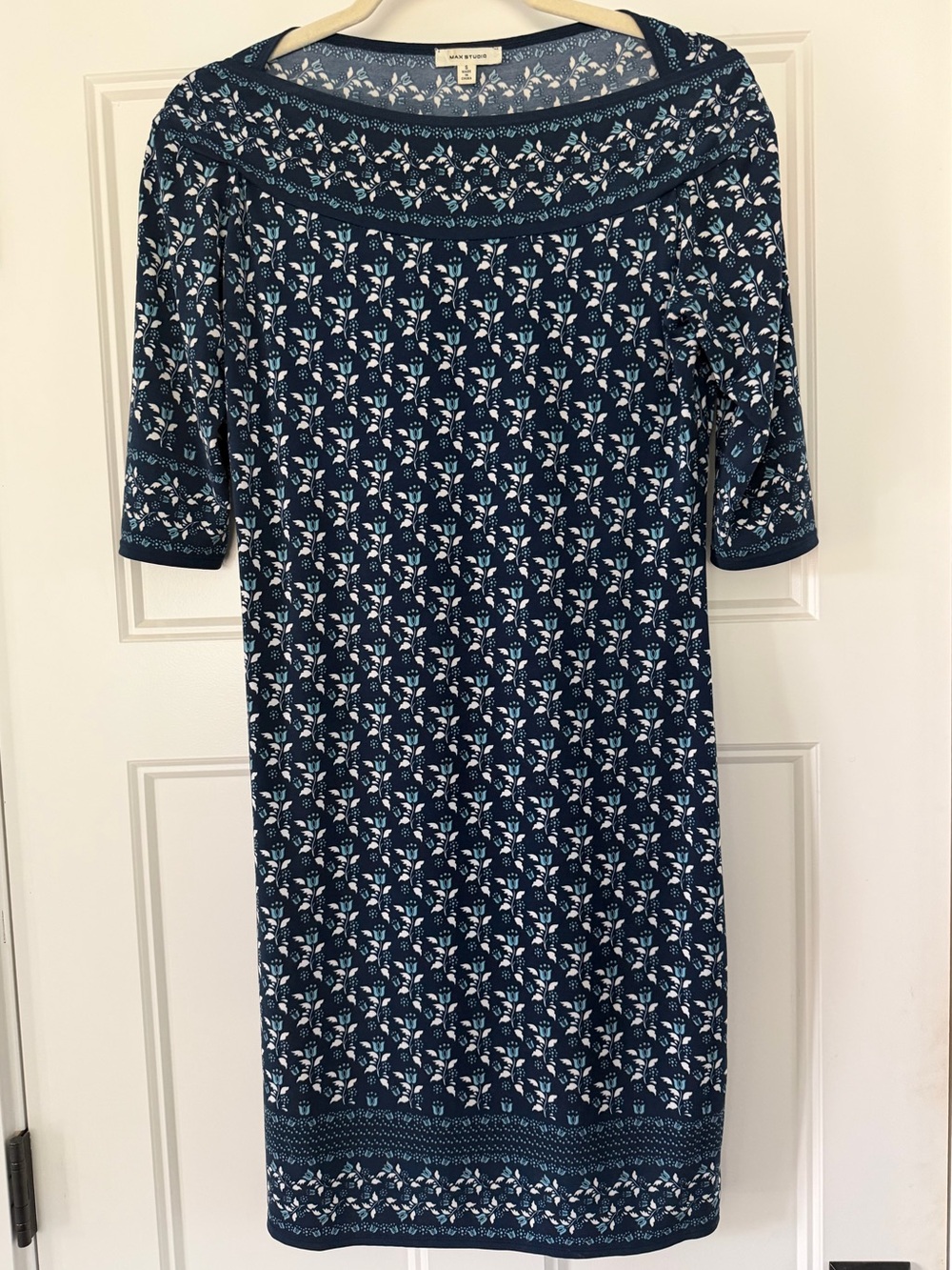 Max Studio Navy & White Geometric Print Sheath Dress with 3/4 Sleeves